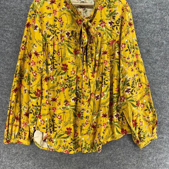 Terra & Sky Blouse Women 1X Plus Yellow V-Neck Tie Up Long Sleeve Rayon Casual - Picture 4 of 9